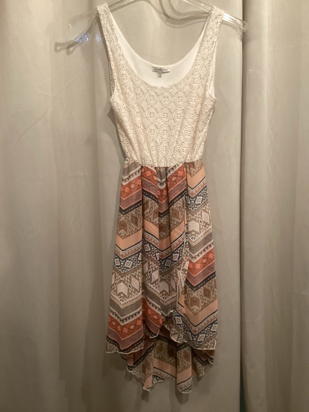 Charlotte Russe White Crochet Bodice Dress with Peach Aztec High-Low Skirt